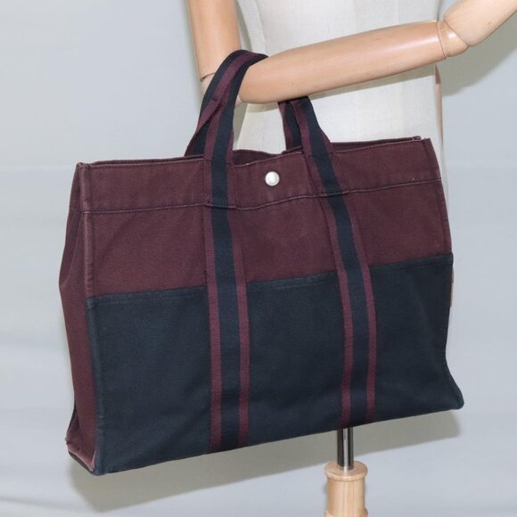 HERMES Fourre Tout MM Hand Bag Canvas Wine Red Auth th5651 - Picture 12 of 14
